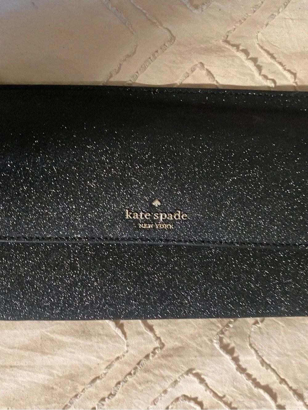 kate spade Black Glitter Foldover Clutch Wallet with Gold Logo
